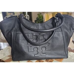 Tory Burch Black Pebbled Leather Bombe T East West Tote Bag Shoulder Purse